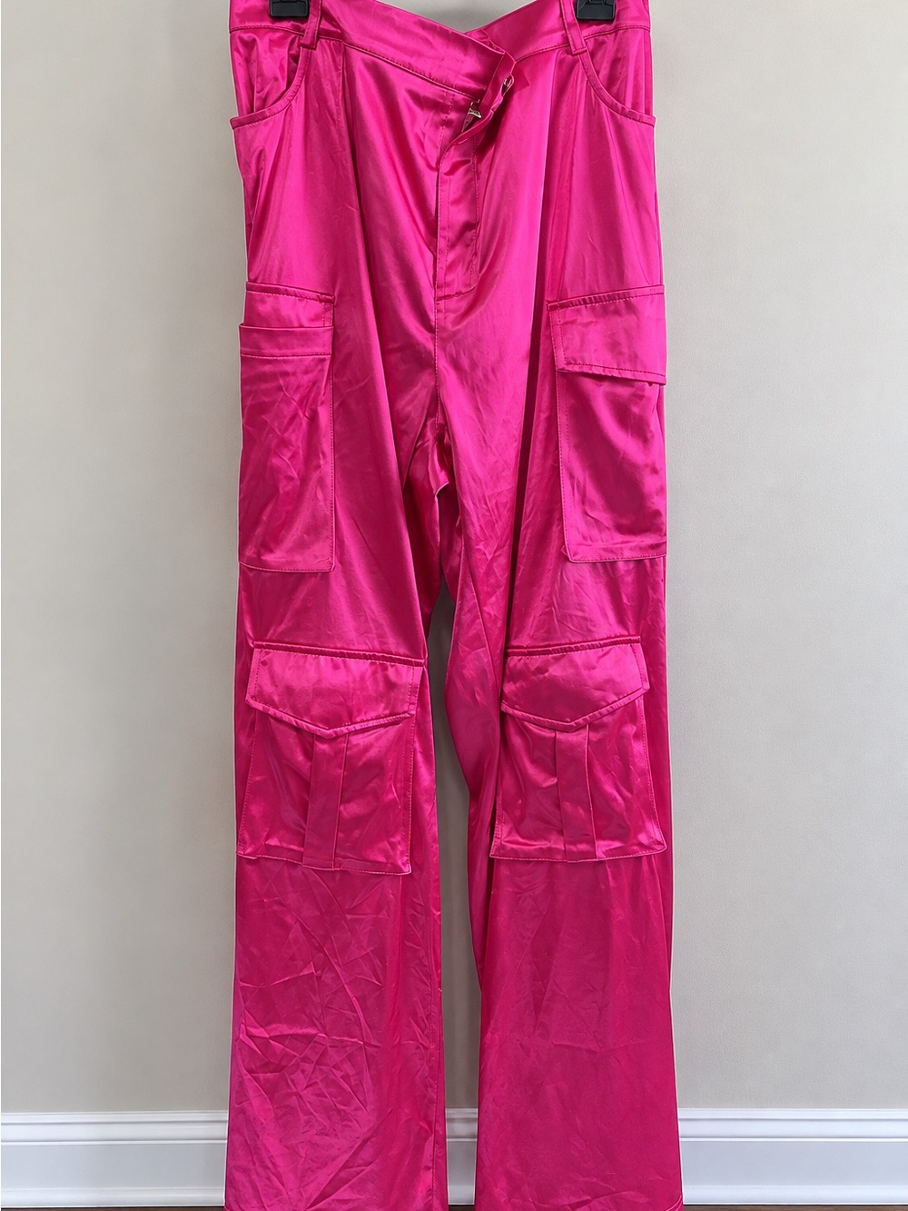 Satin Hot Pink Wide-Leg Cargo Pants